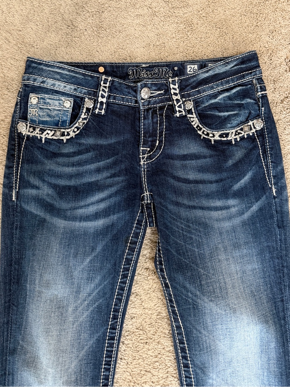 Miss Me Blue Jeans size 26 Skinny Y2k Embellished Rhinestone Distressed Pockets - Picture 9 of 10